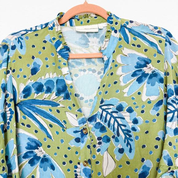Anthropologie Floral Print Button Down Blouse Green Blue Size S Boho Resort - Picture 2 of 7